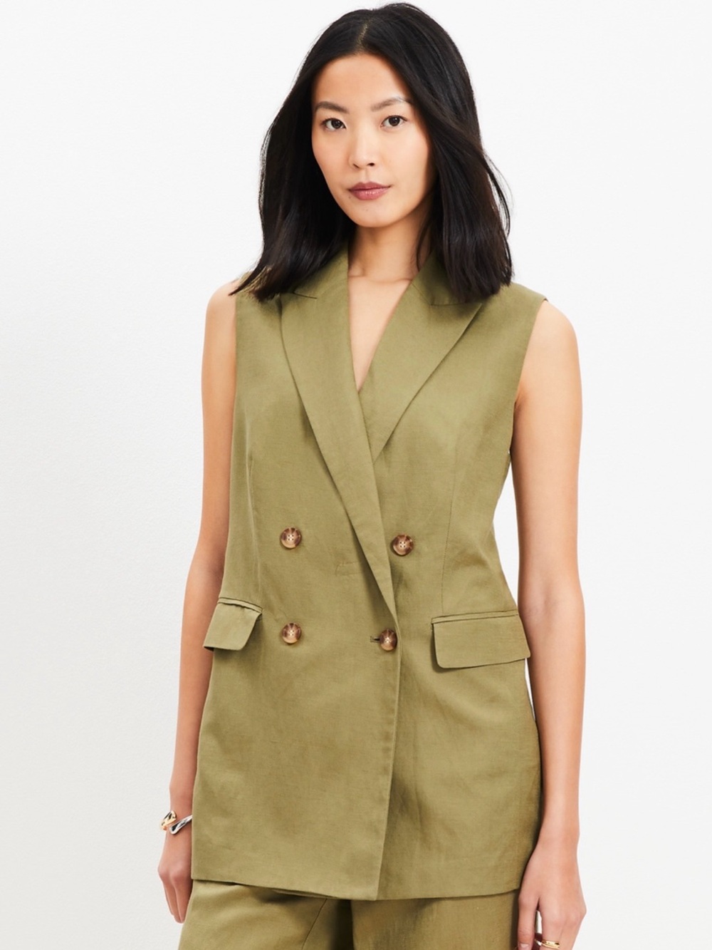 LOFT Linen Blend Double Breasted Green Sleeveless Blazer Vest Sz L